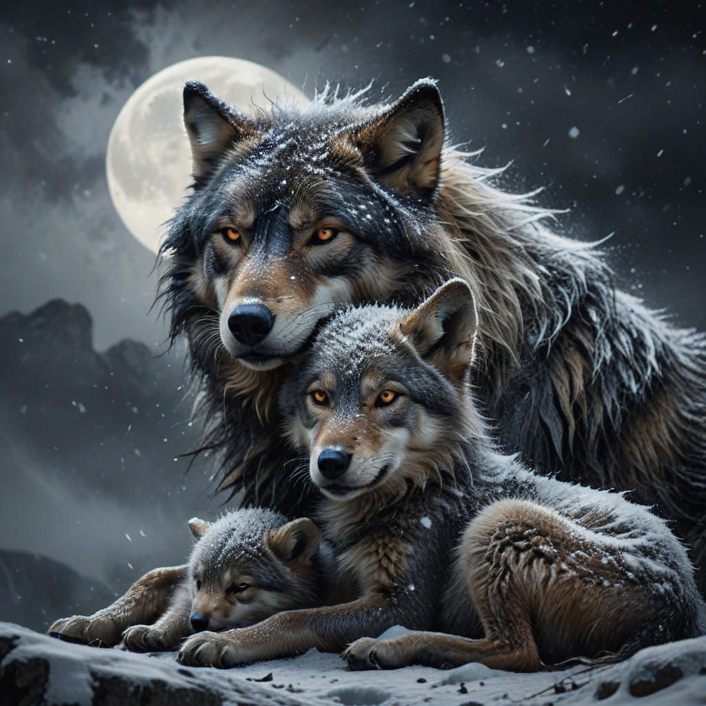 Mother Wolf and Cubs in Snowy Moonlight
