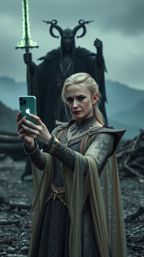 Ethereal Galadriel Takes a Selfie with a Dark Nazgul Looming...