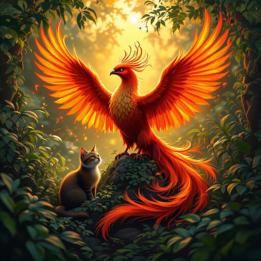 Fire Phoenix with Pet Cat in Detailed Matte Painting