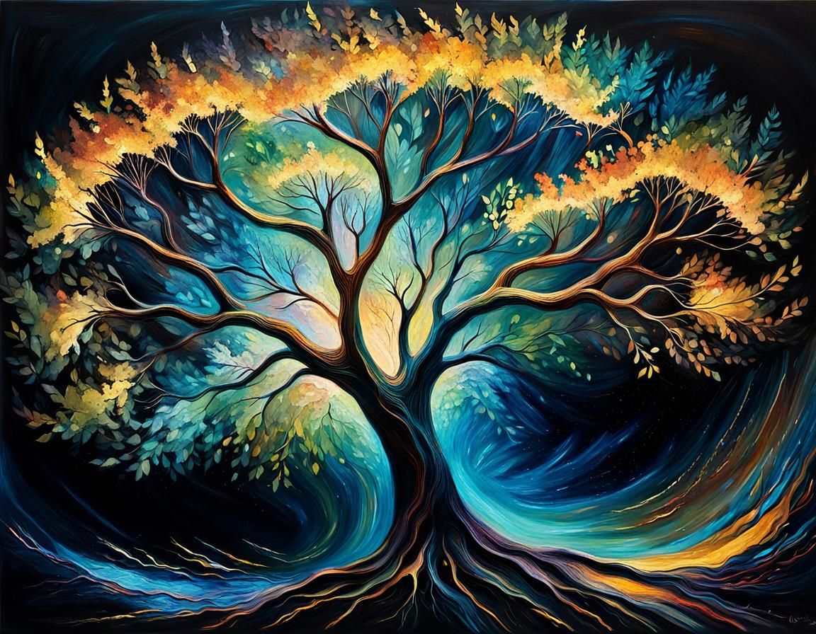 Glowing Ancestral Tree in Abstract Expressionist Style