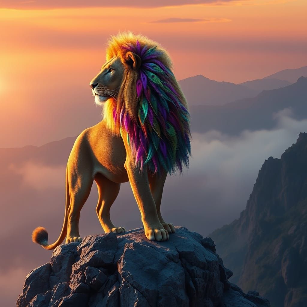 Majestic Lion with Peacock Mane in Dramatic Sunset Light