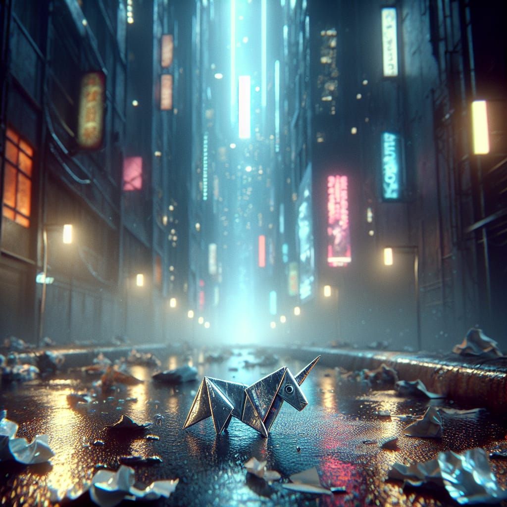 Cyberpunk Origami Unicorn Drifting in Dystopian City