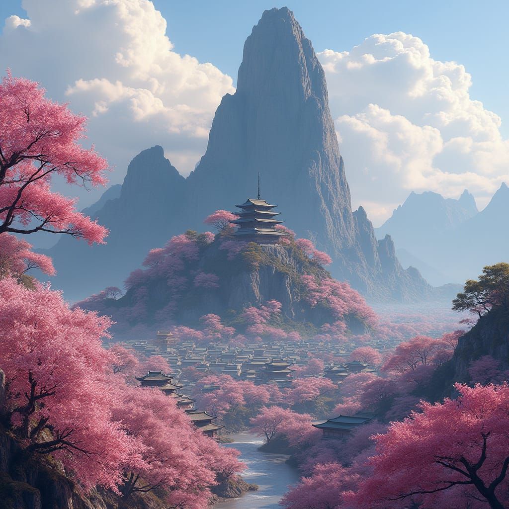 Ancient Japanese Cityscape in Retro-Futuristic Style