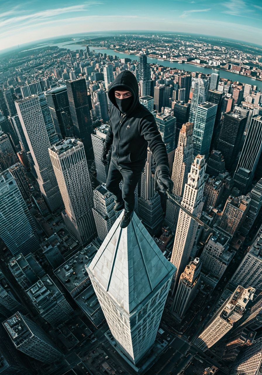 Urban Explorer Selfie on Skyscraper in Hyperreal Style