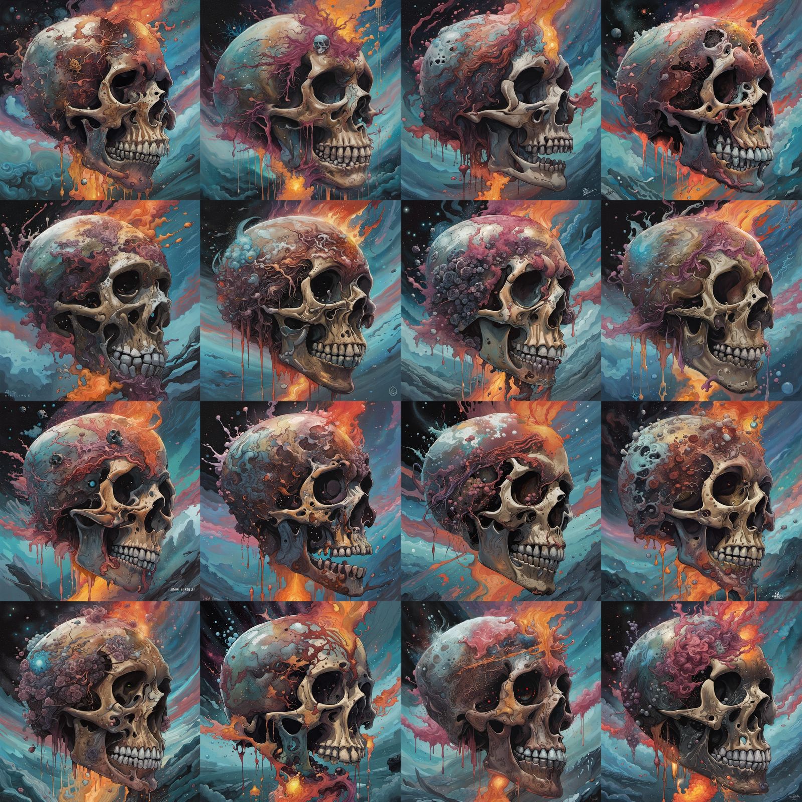 Skull Melting into Nebula in Gouache Illustration