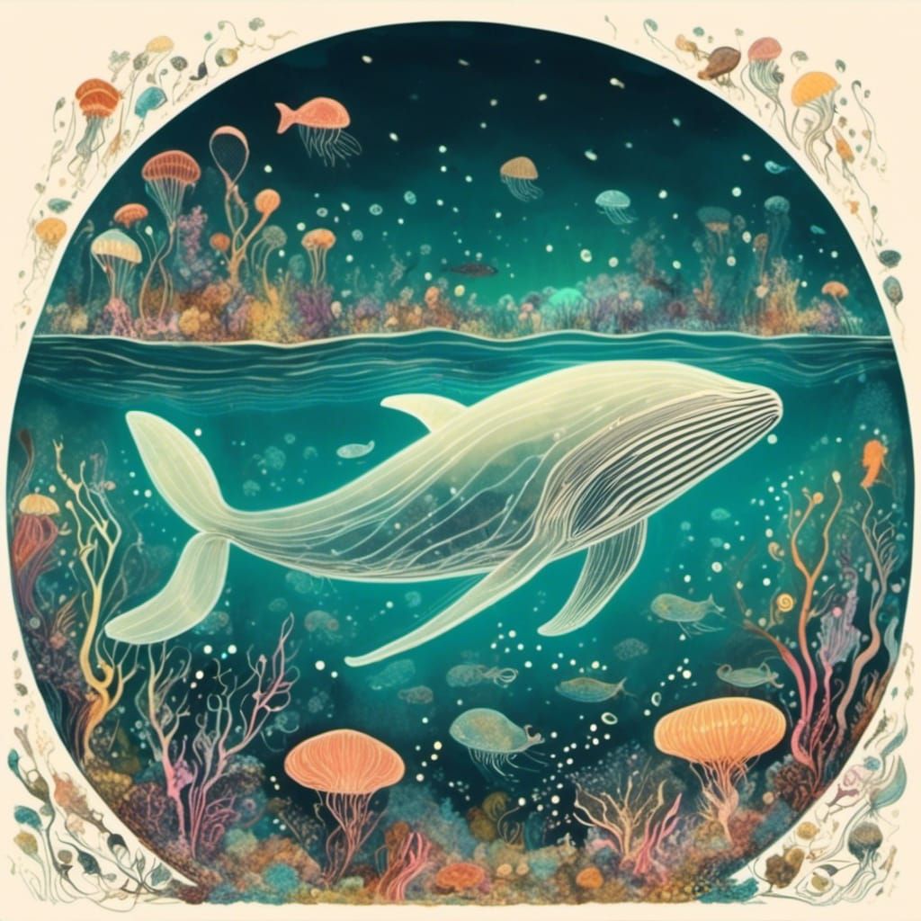 Glowing Glass Whale in Fantastical Ocean