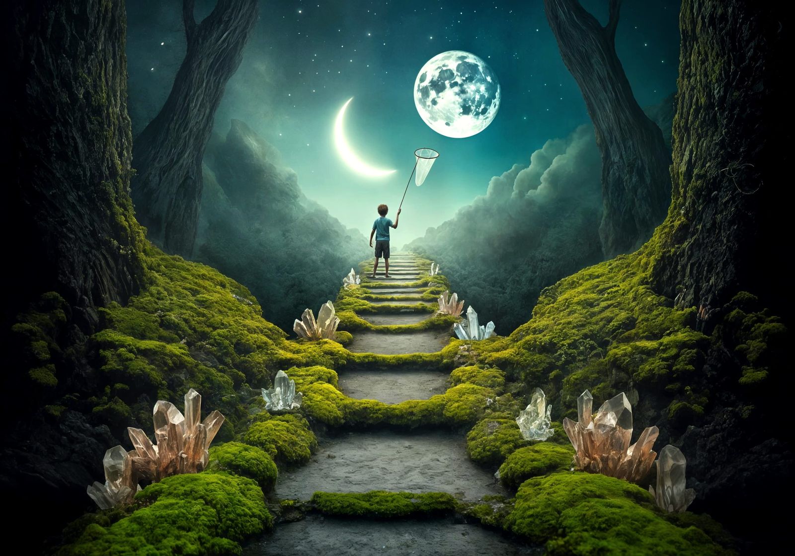 Boy Chases Crystal Moon in Surreal, Magical Landscape