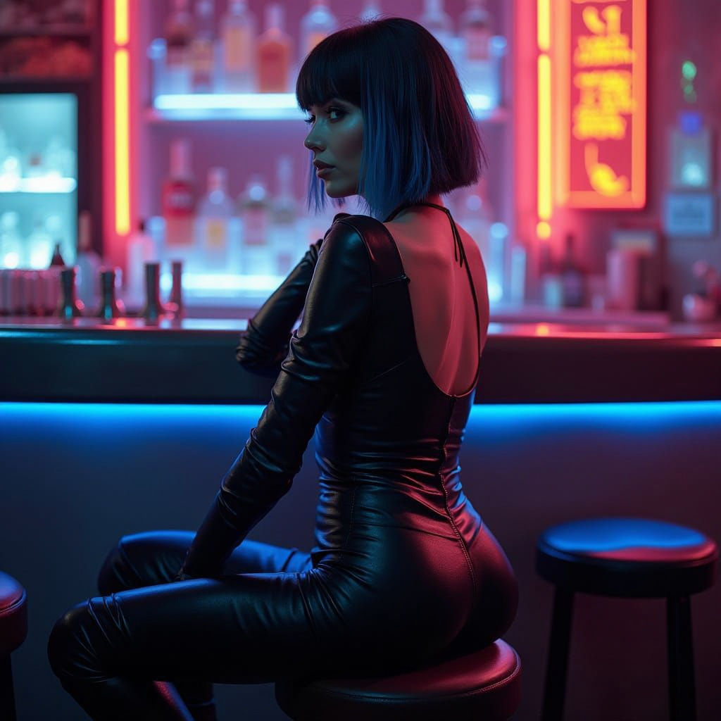 Cyberpunk Woman with Neon Hair in Futuristic Bar