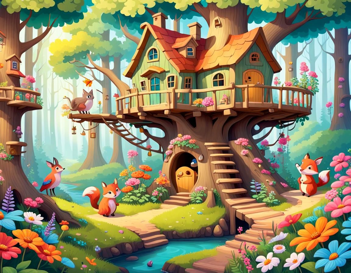 Enchanting Forest Scene with Woodland Creatures