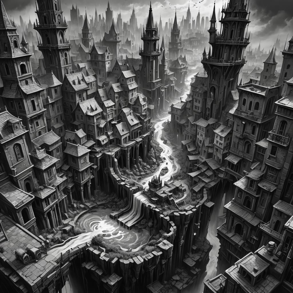 Monochrome Hand Draws a Dark Fantasy City