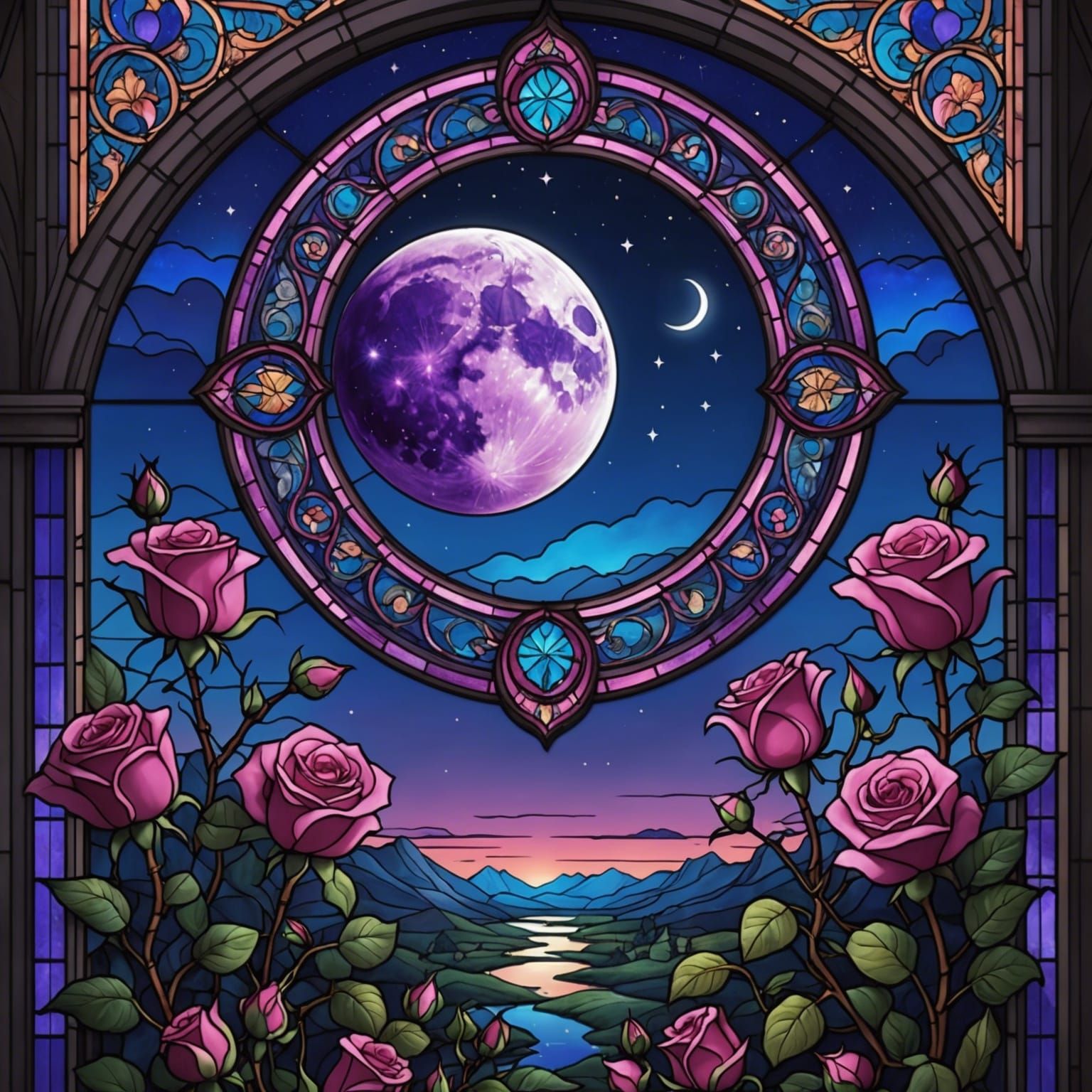 Stained Glass Crescent Moon with Roses