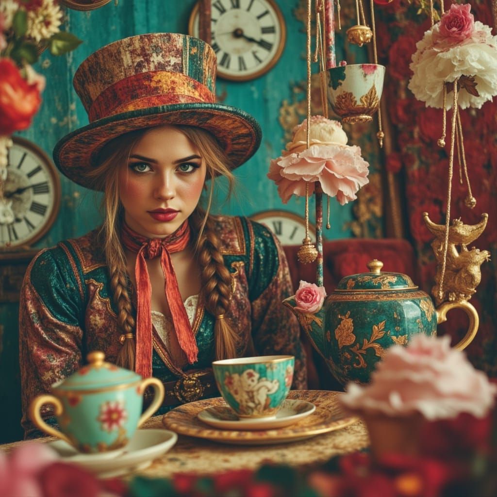 Whimsical Tea Party with Candy-Haired Woman and Mad Hatter