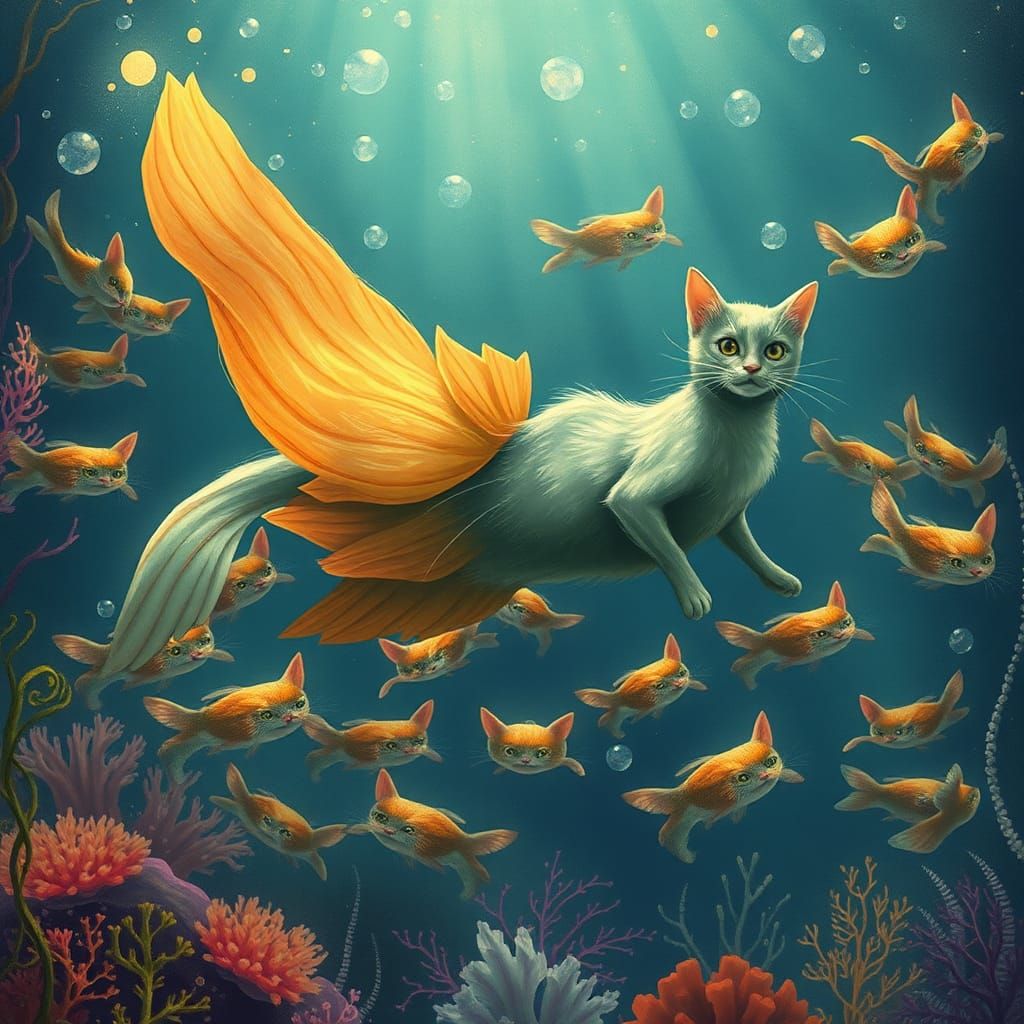 Cat Mermaid in Underwater Fantasy Realm