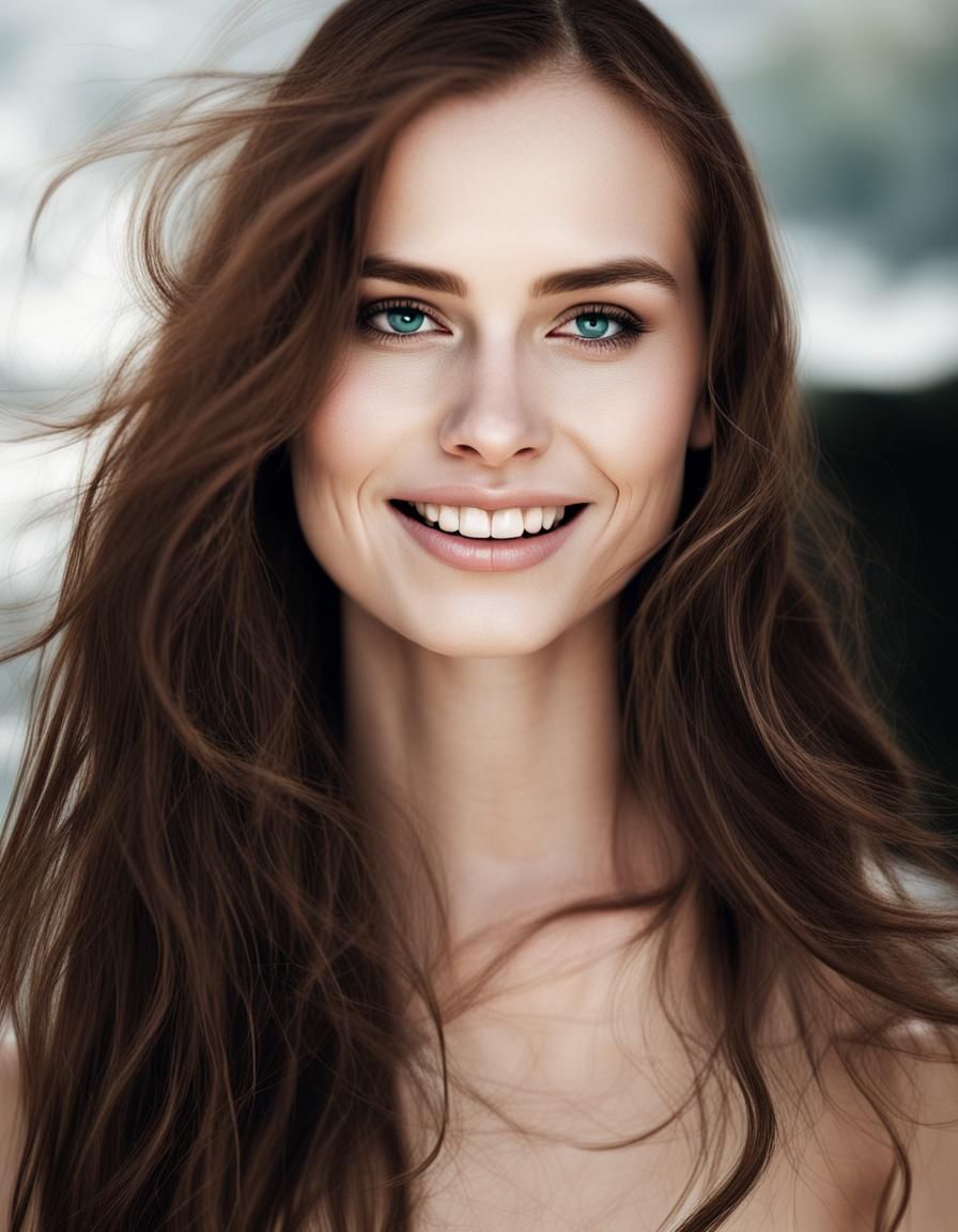 Hyperrealistic Woman with Long Hair on Beach