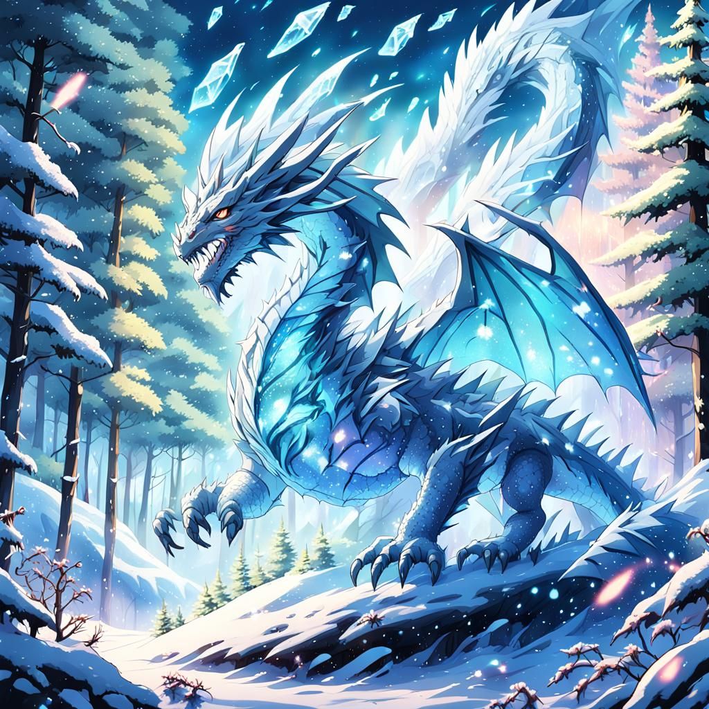 Icy Breath Dragon in Snowy Forest: Anime Key Visual