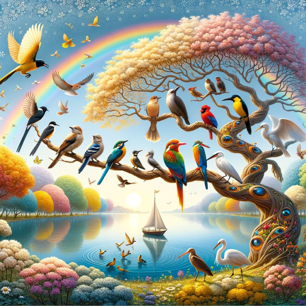 Birds on Flowering Tree by Lake Panorama