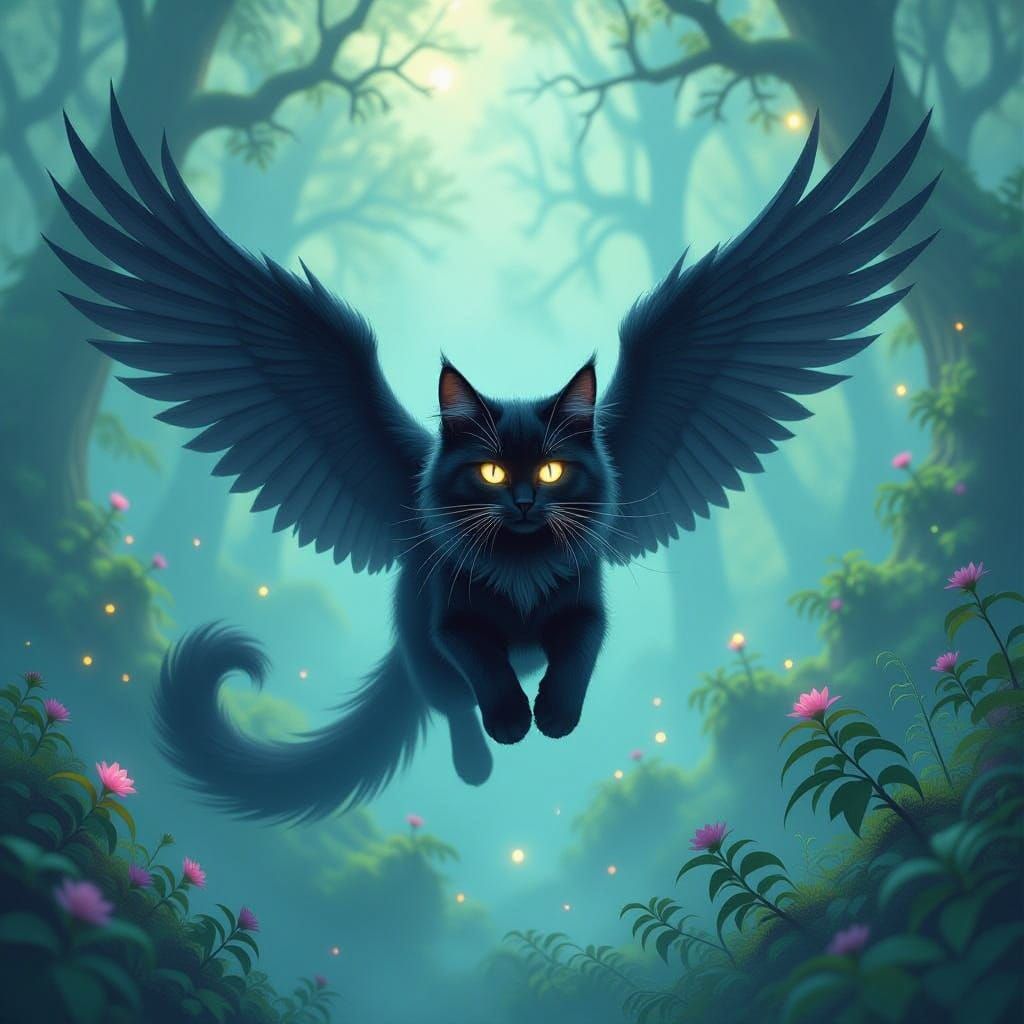 Winged Black Cat Soaring Through Fantasy Forest