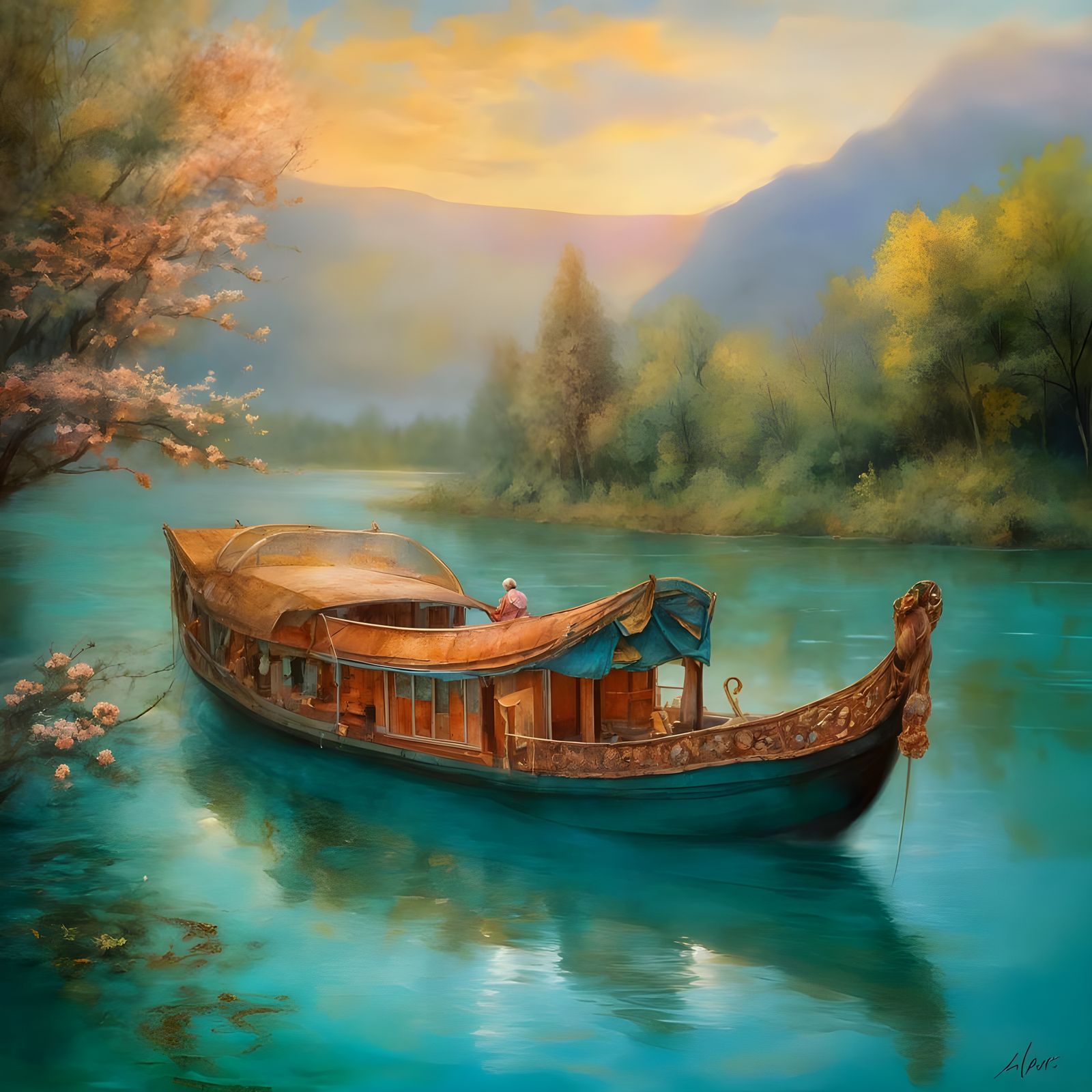 Whimsical Kashmir Houseboat on a Serene Lake