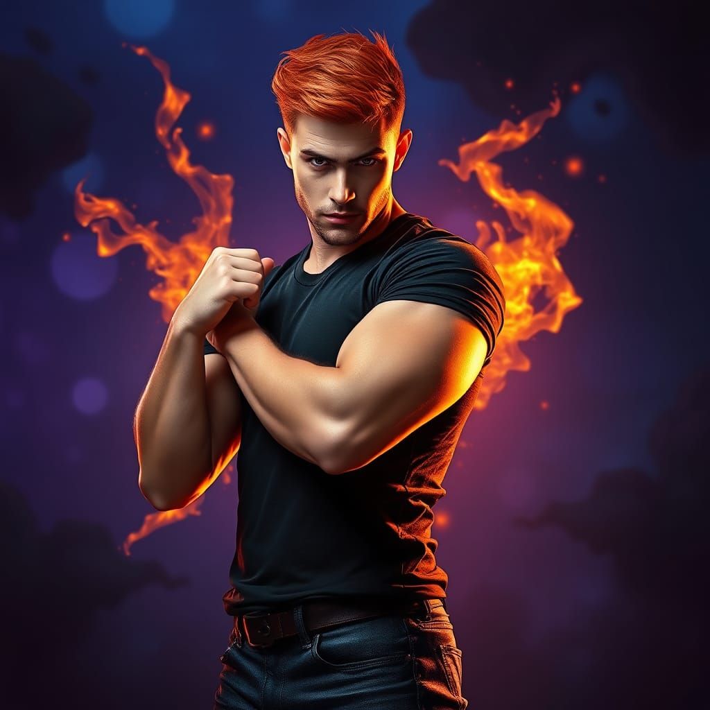 Fiery Red-Haired Man Posing Heroically