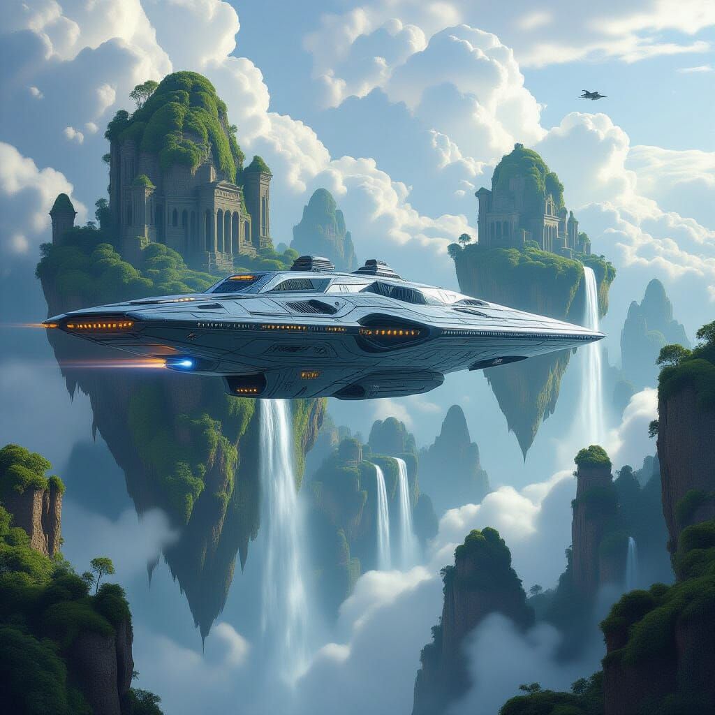 Spaceship Flies Over Islands with Ancient Ruins