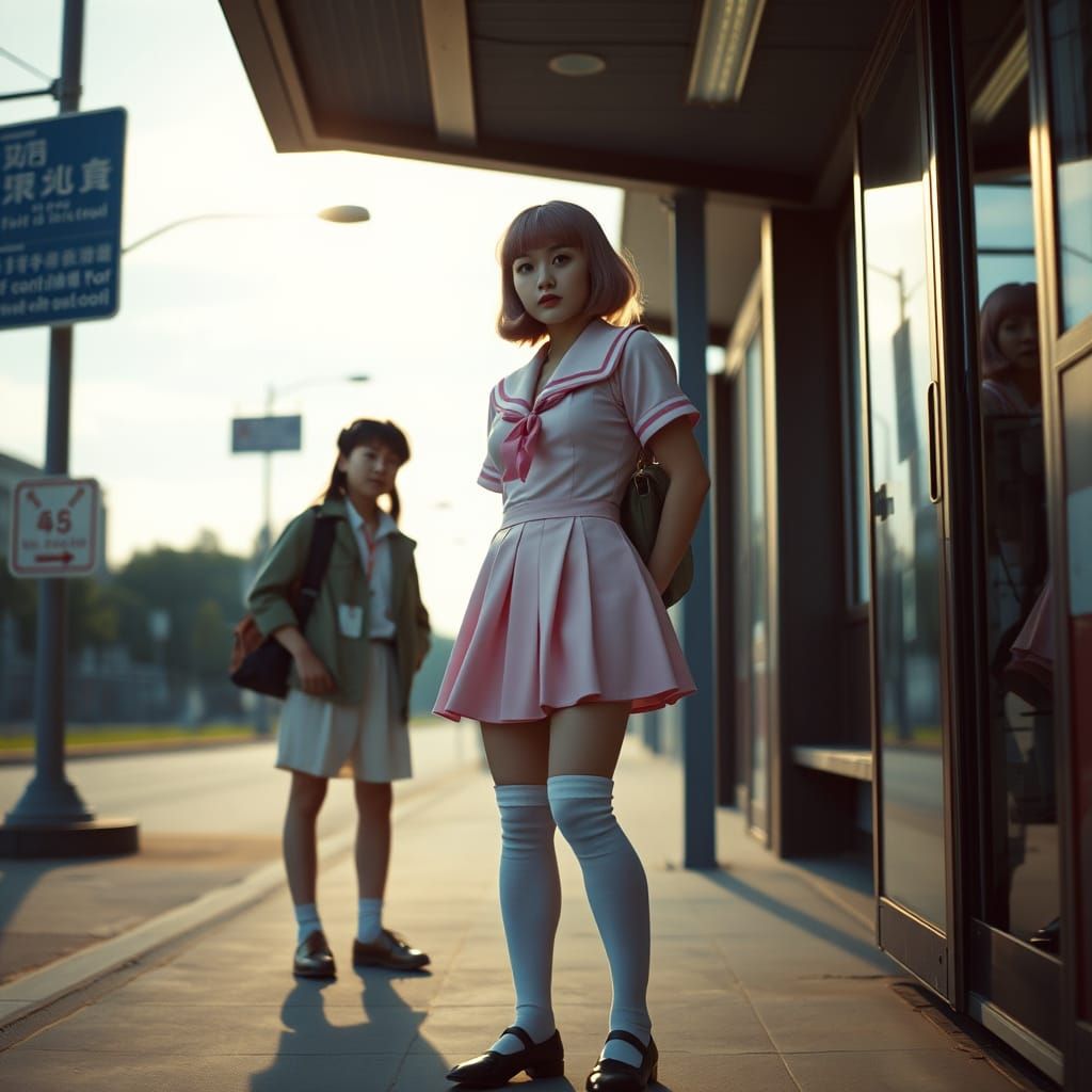 Bashful Sissy Crossdresser at Bus Stop in Vintage Film Style