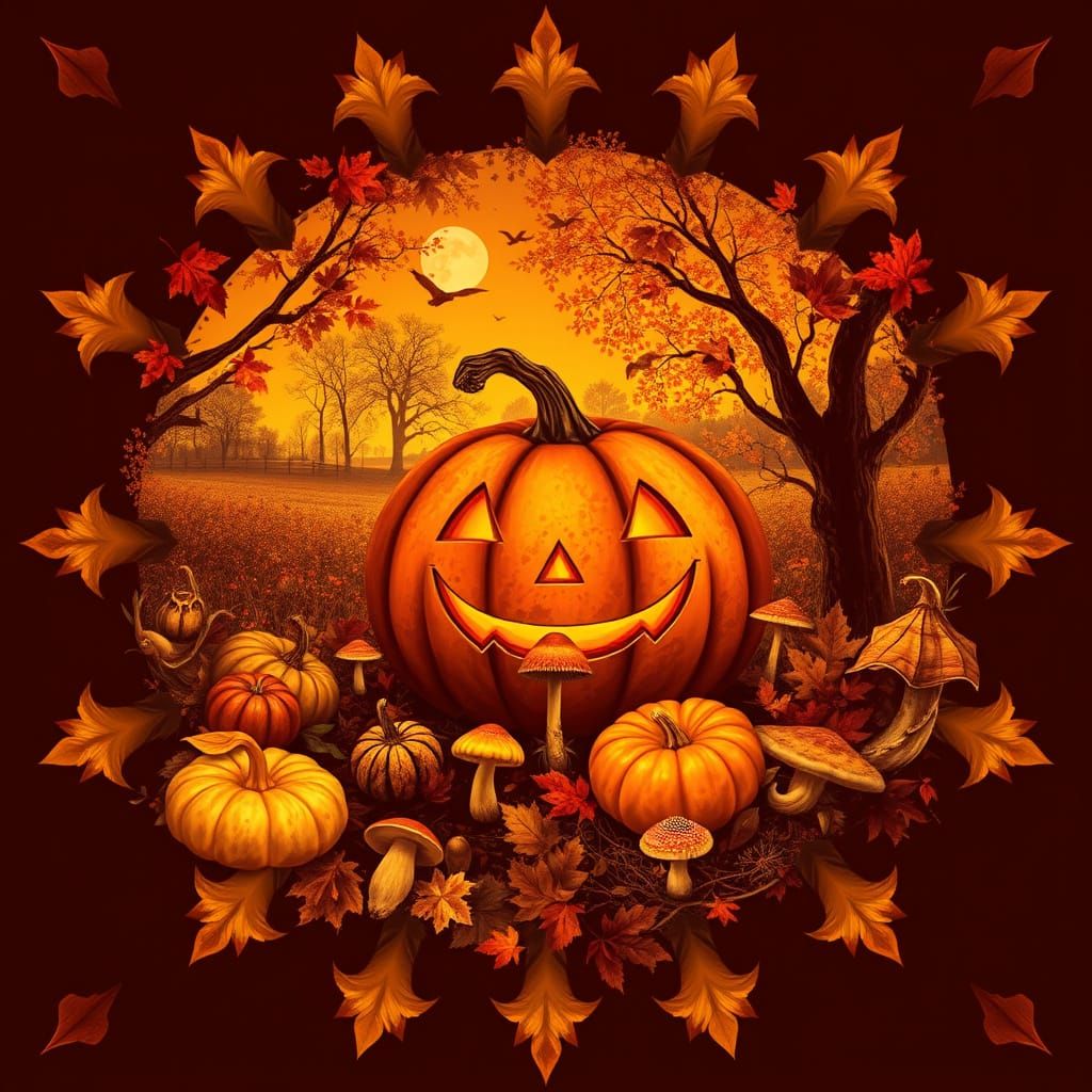 Enchanting Autumn Landscape with Folk Art Elements