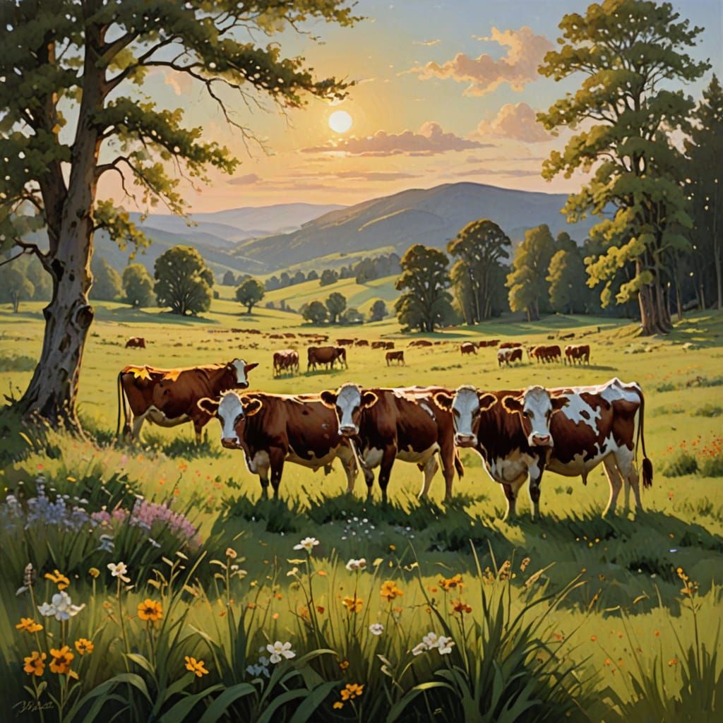 Serene Oil Painting of Cows in Wildflower Meadow at Golden H...