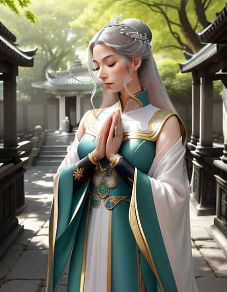 Anime Priestess in Prayer: Serene Temple Scene