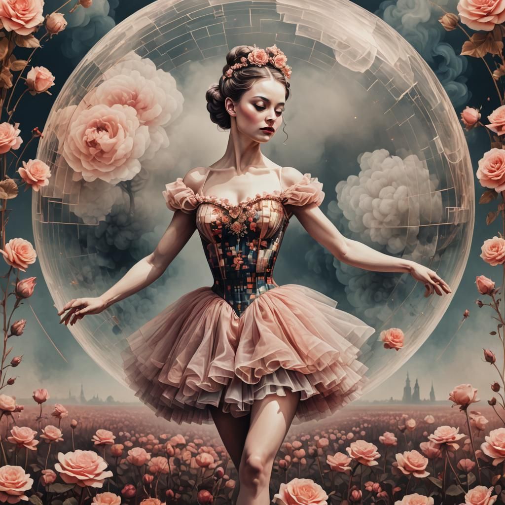 Pixelated Ballerina in Rose Field, Pop Art Style