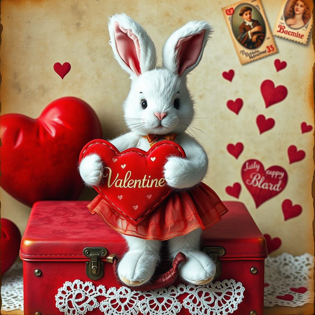 Whimsical Folk Art Bunny Holding Valentine Heart