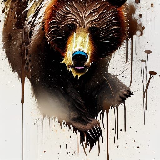 Roaring Brown Bear Drip Painting by Ito