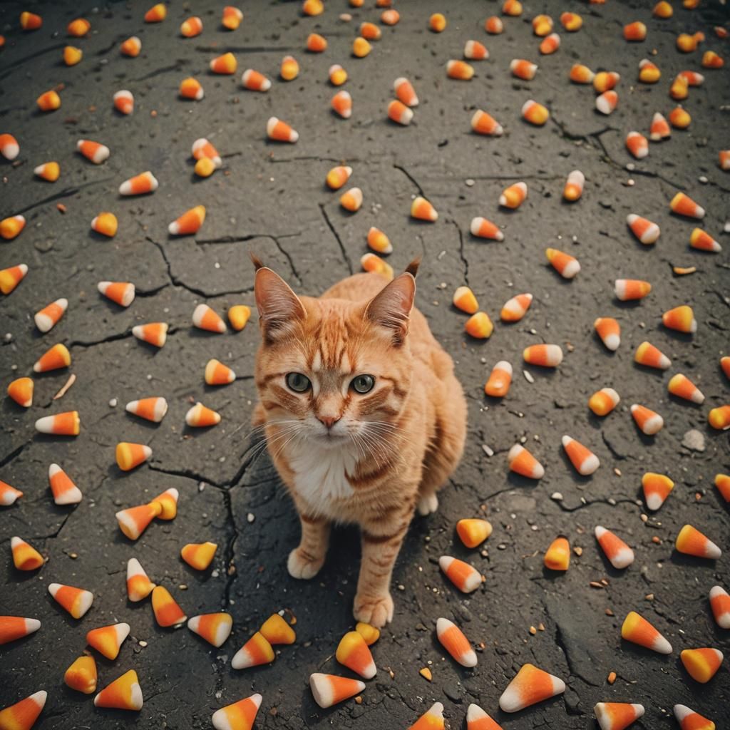 Candy Corn Cat in Cinematic Style