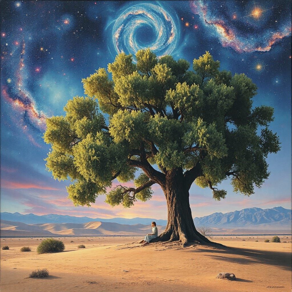 Mystical Willow Tree in Surreal Desert Landscape