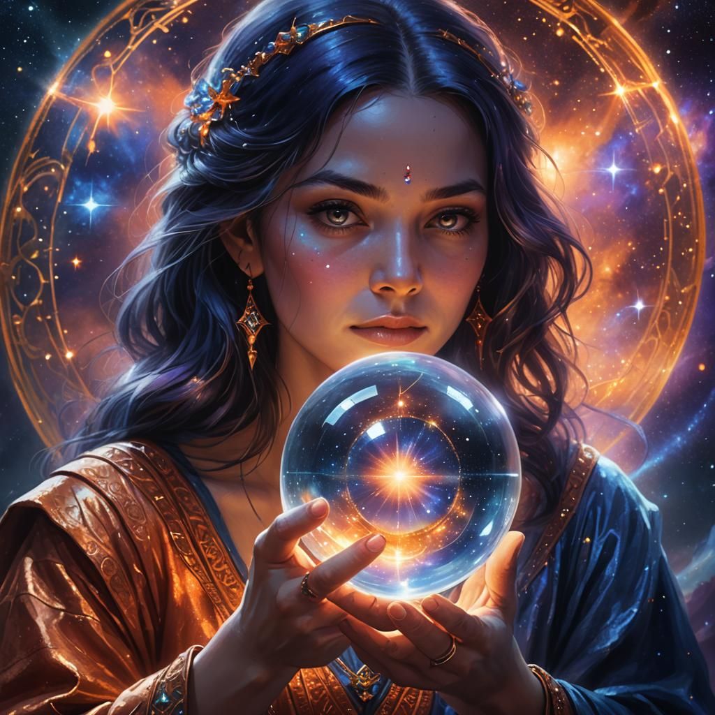 Psychic Medium Gazing into Crystal Ball in Ethereal Art