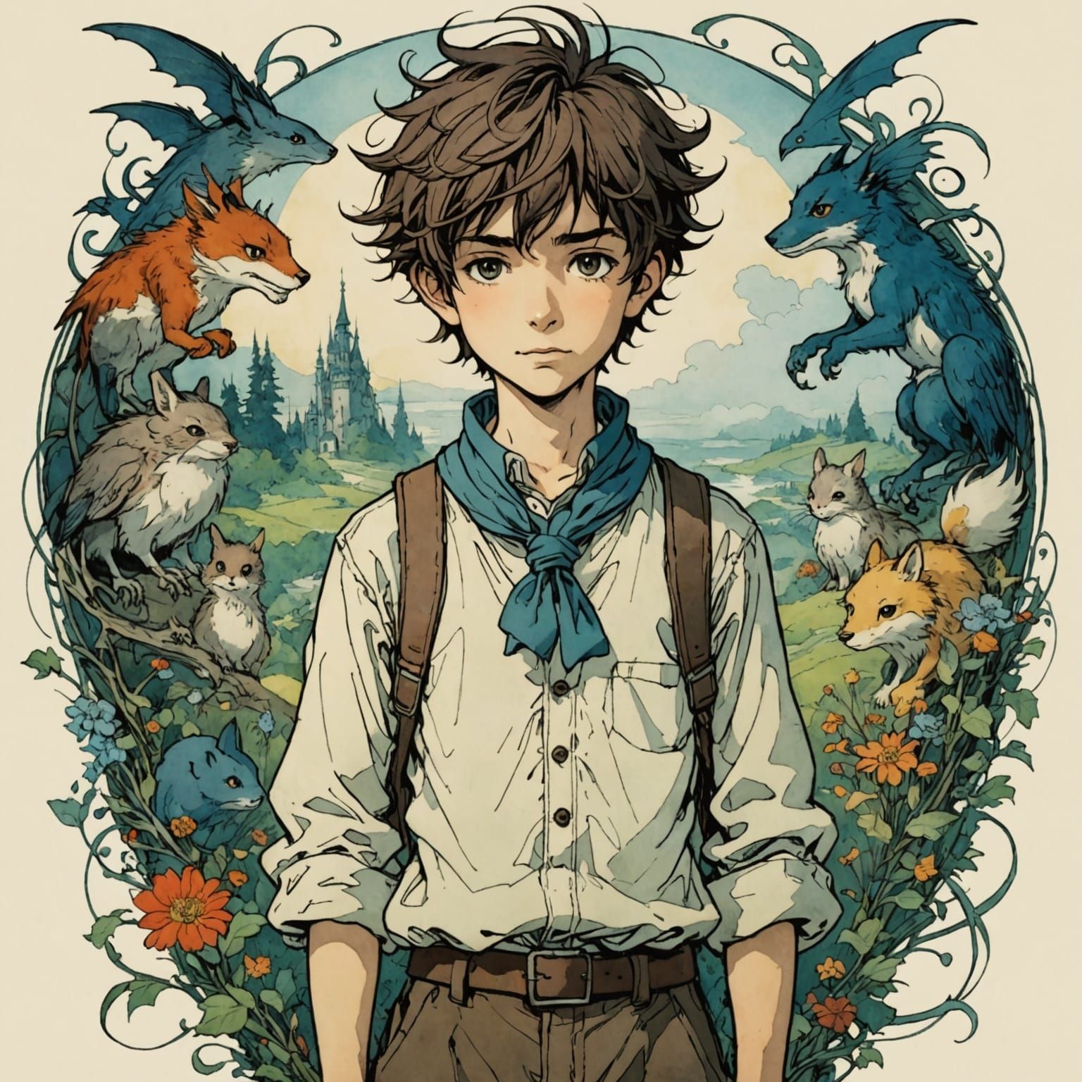 Whimsical Boy and Mysterious Creatures in Studio Ghibli-Insp...