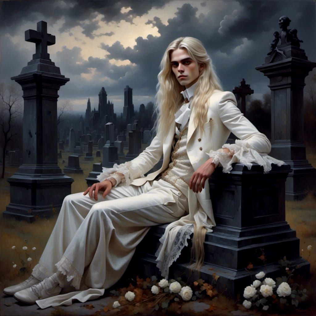 Vampire in Cemetery with White Hair and Clothes