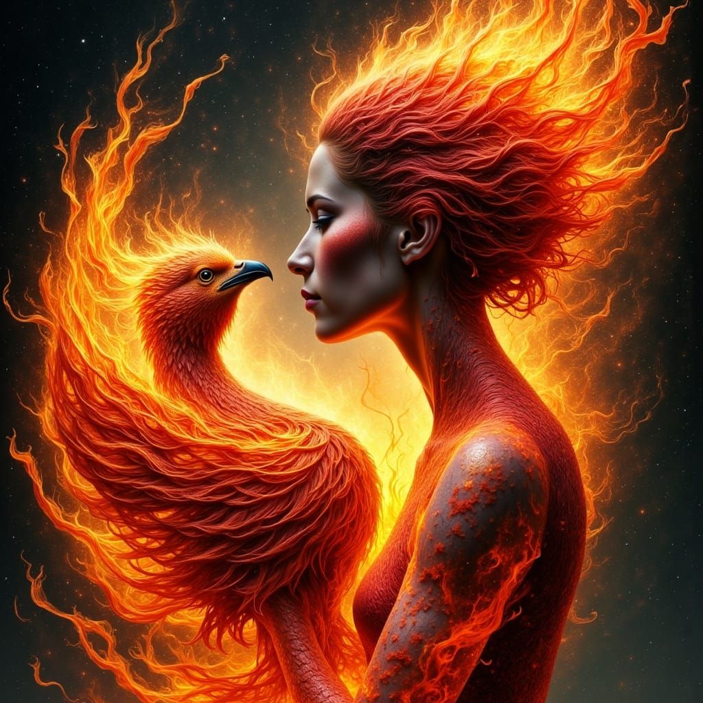 Enigmatic Woman and Phoenix in Vibrant Digital Painting