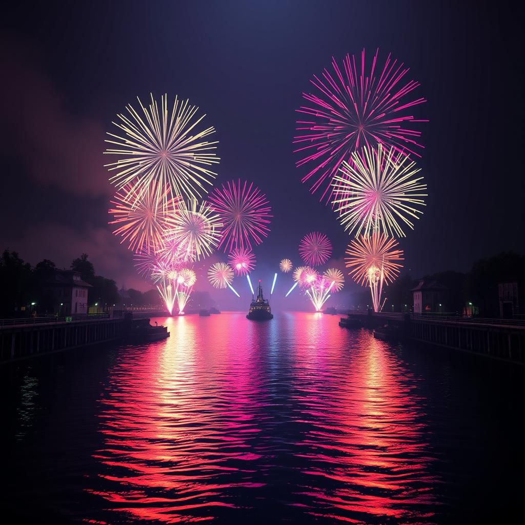 Spectacular Fireworks Display Reflecting on River, 3D Render...