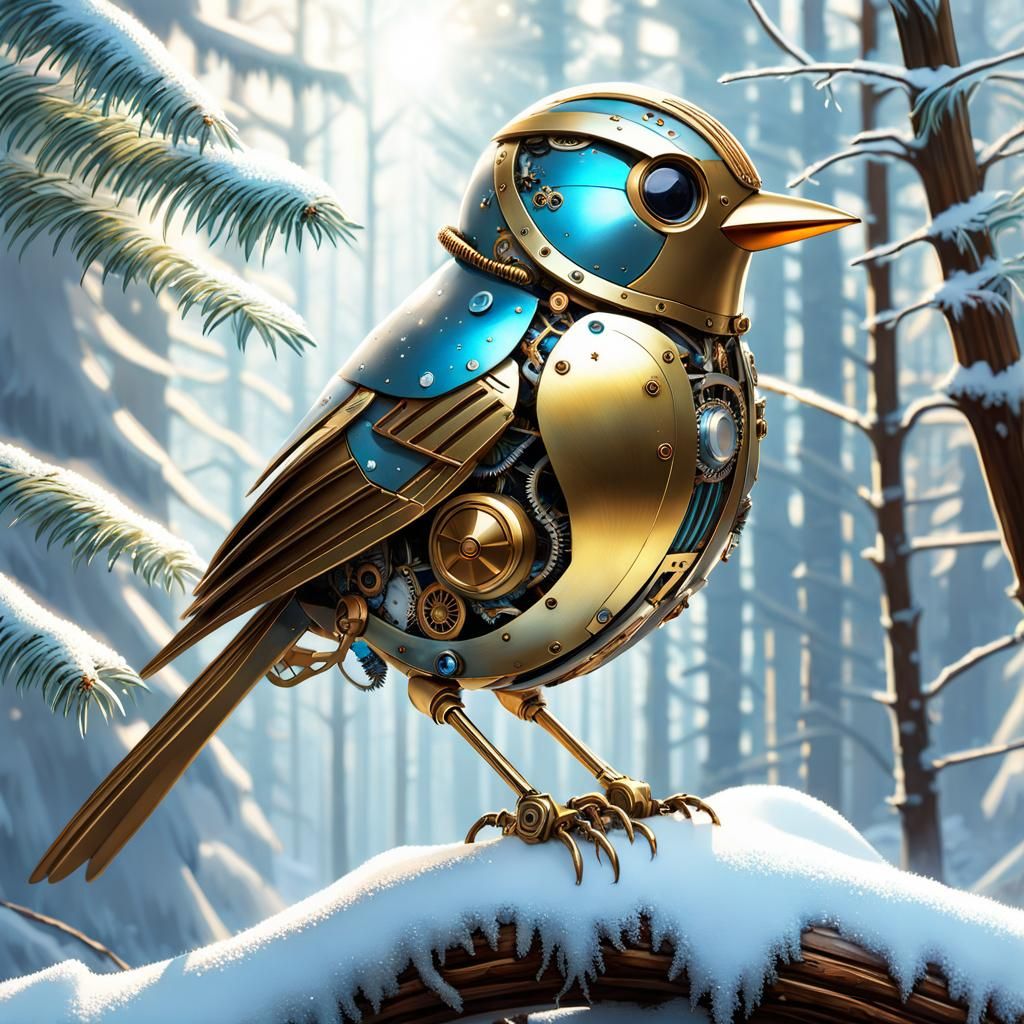 Steampunk Robot Songbird on Frosty Branch
