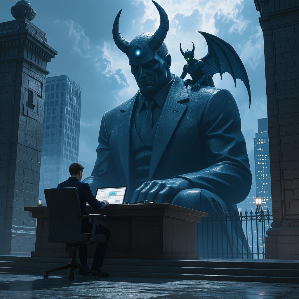 Colossal Programmer Statue and AI Demon Over City Gates