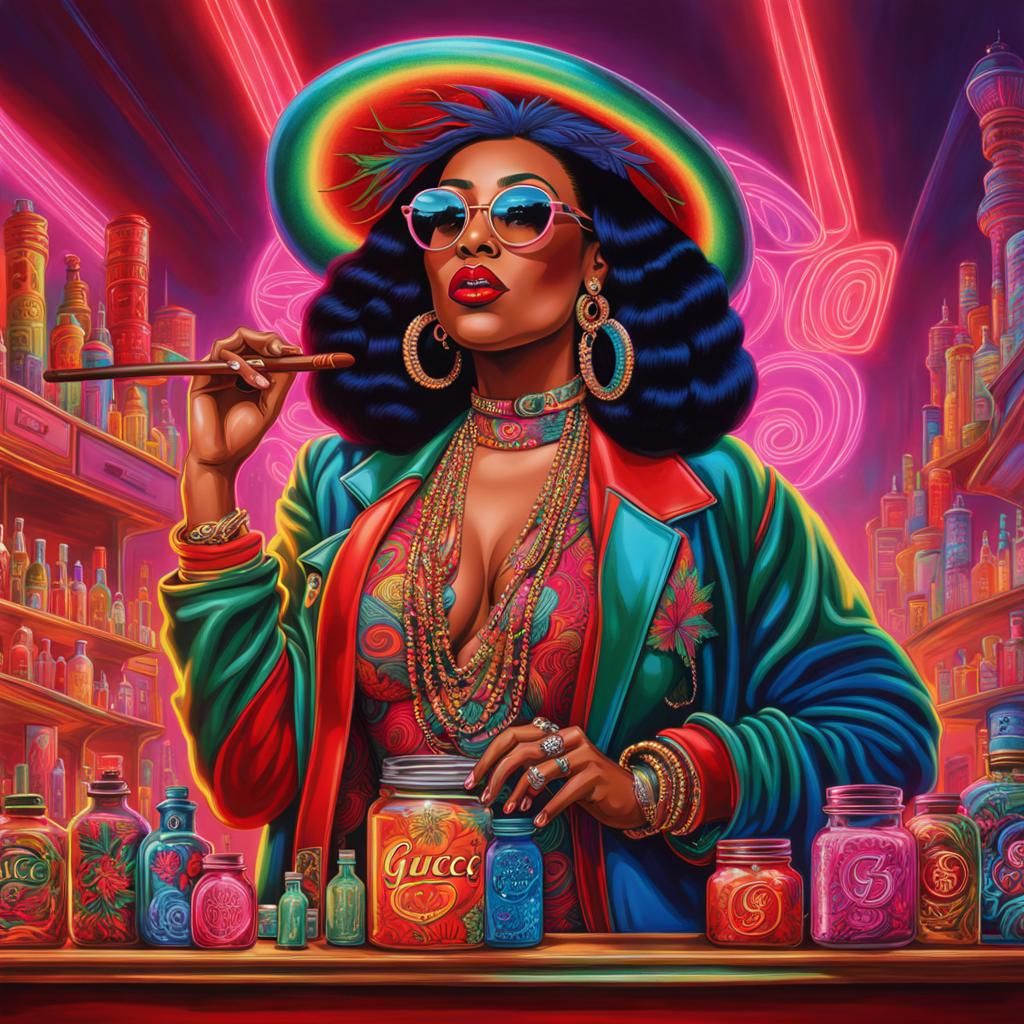 Psychedelic Pot Bar Scene with Woman in Gucci