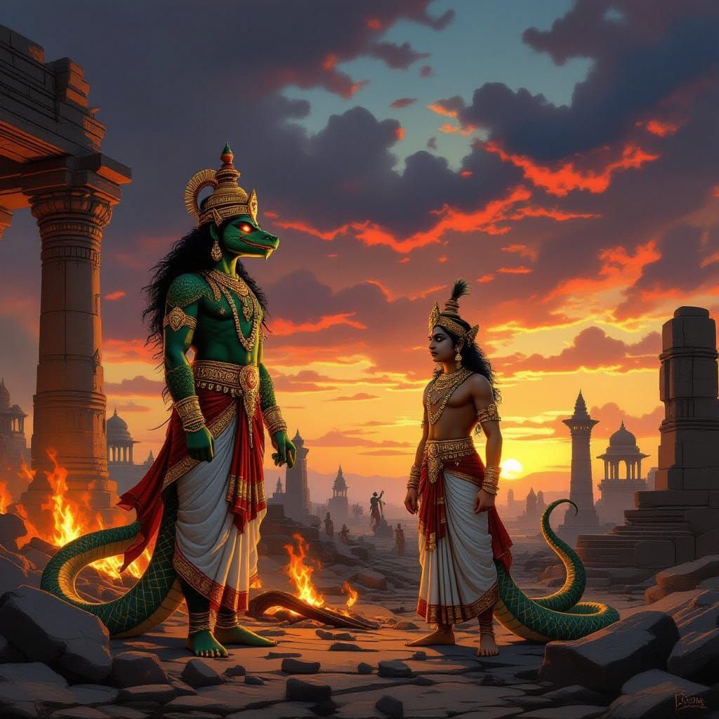 Serpent Kings Mourn Karna's Fall in Ancient Indian Battle Sc...