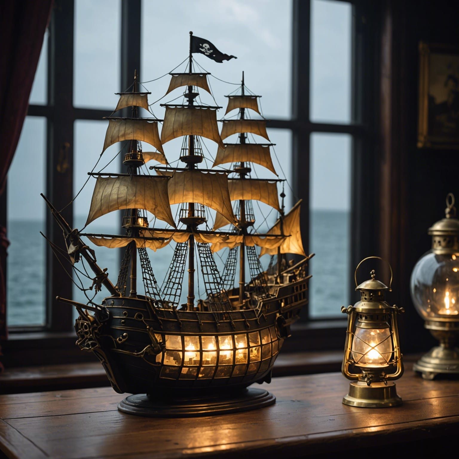 Ghostly Pirate Ship in Brass Lantern