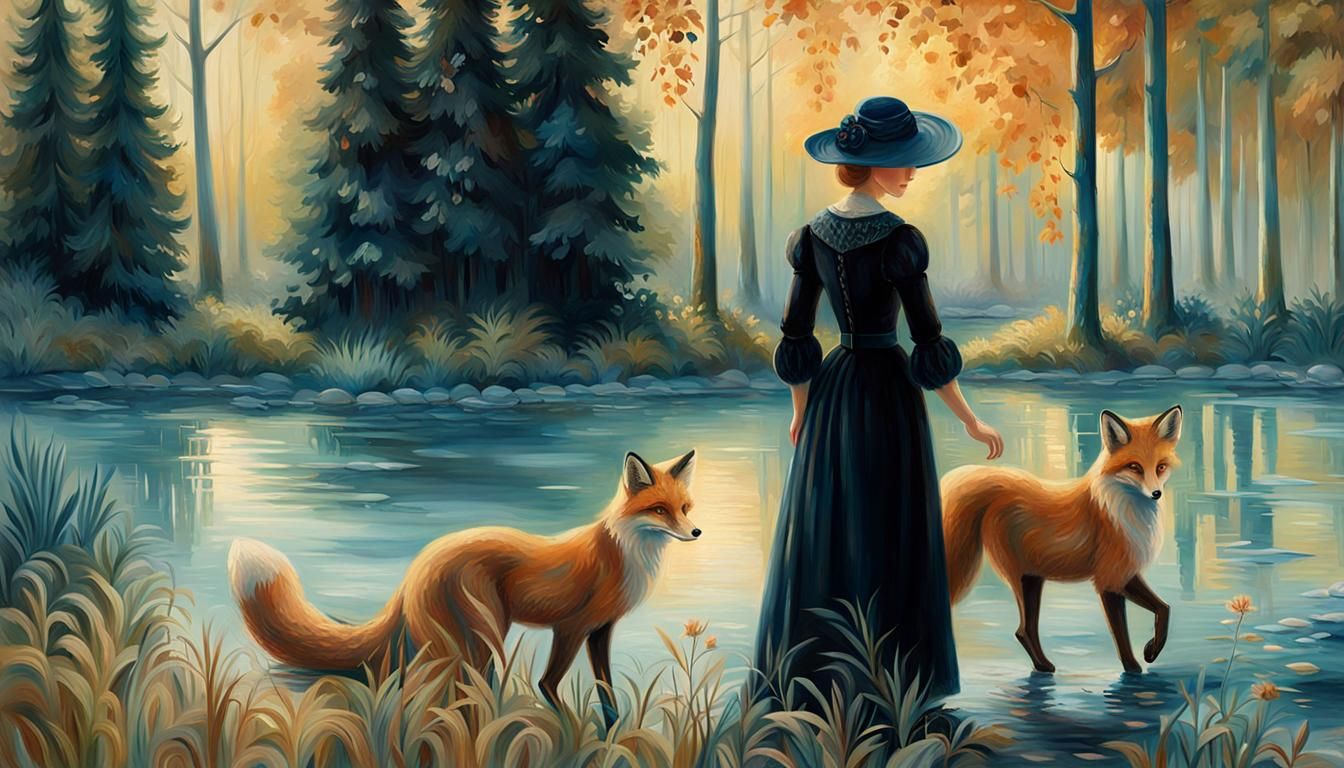 Woman in Forest Glade, Surrounded by Soft Golden Light and A...