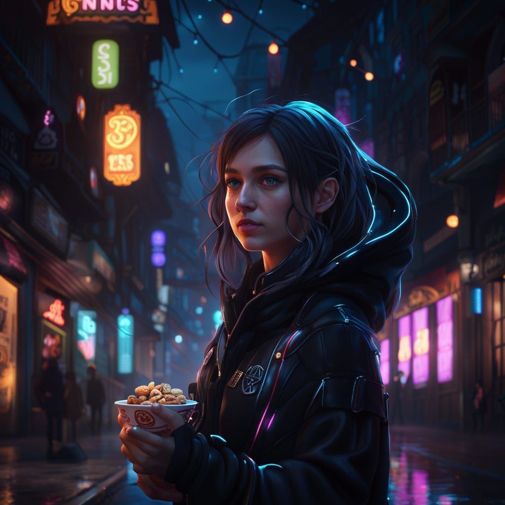 Girl in Black Jacket at Night, Detailed Matte Painting