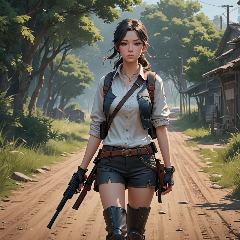 Anime Style Woman with Shotgun on Dirt Road