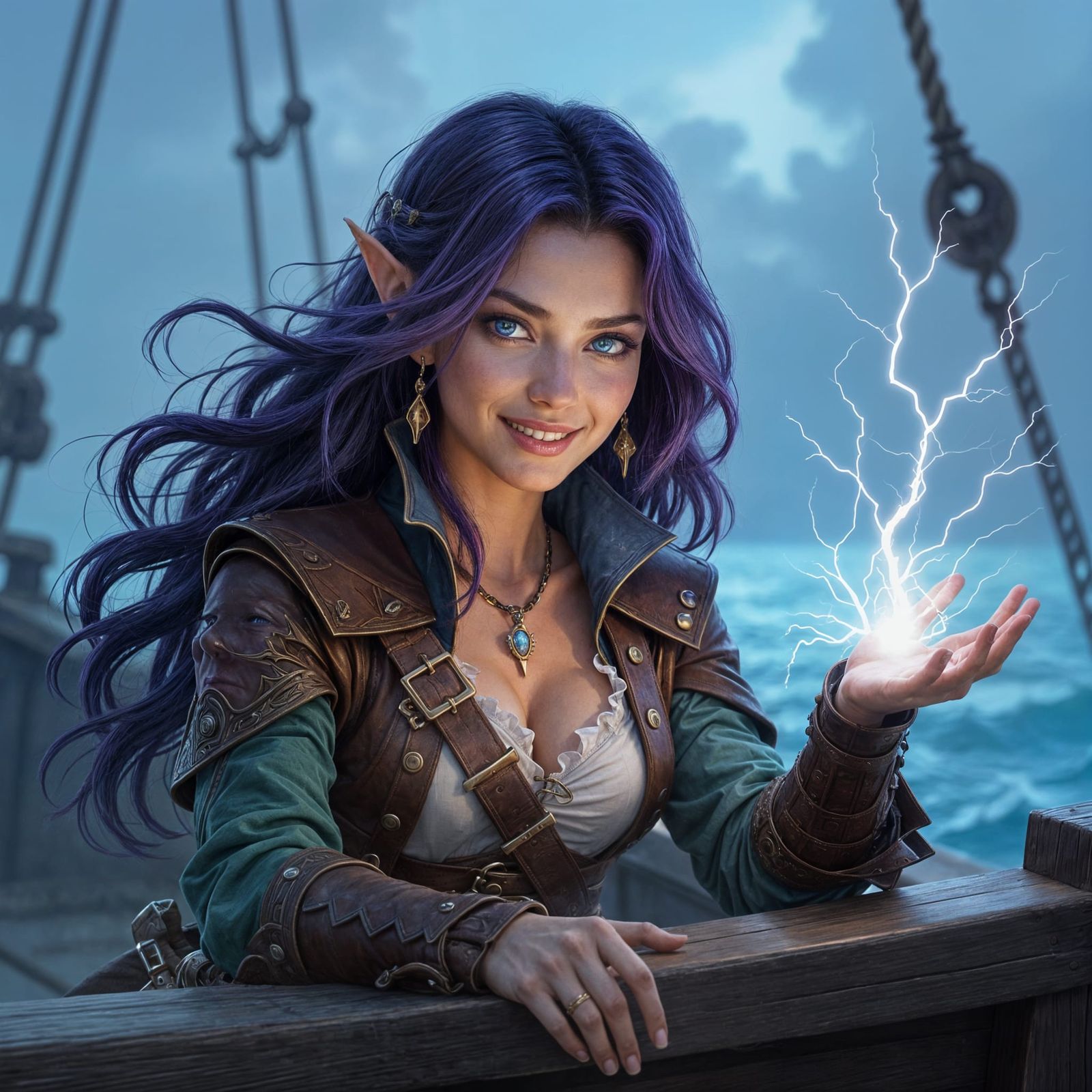 Elven pirate casting a ball of electricity