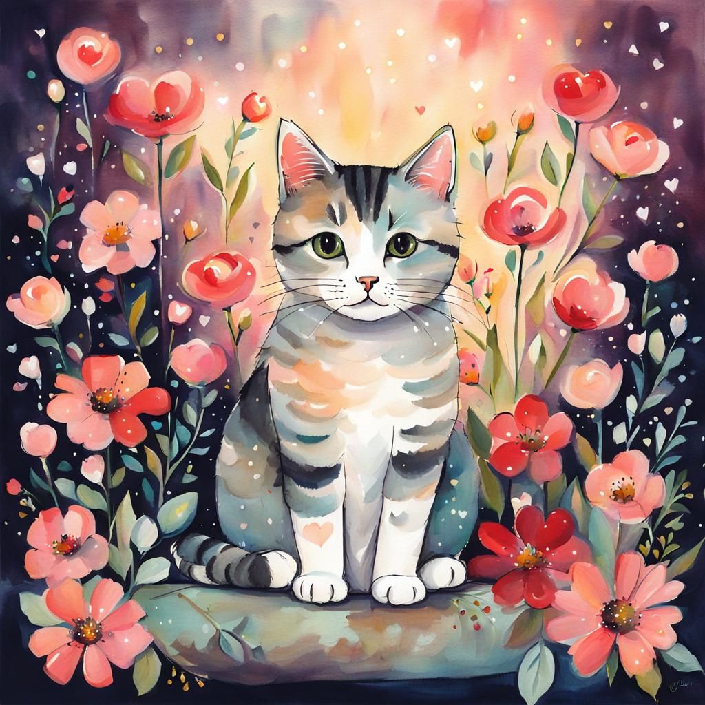Cat on Pillow Surrounded by Flowers, Mixed-Media Art