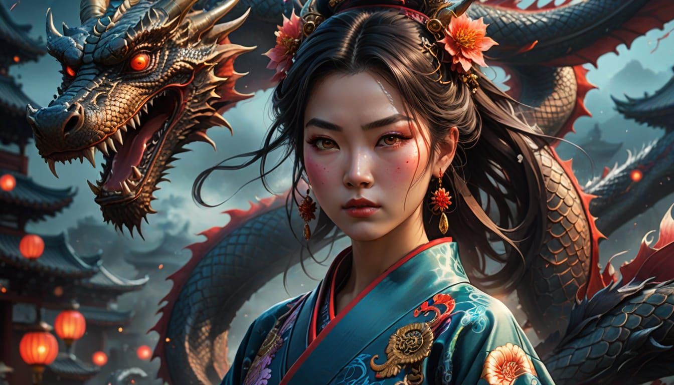 Woman and Dragon in Kimono: Surreal Close-Up Portrait