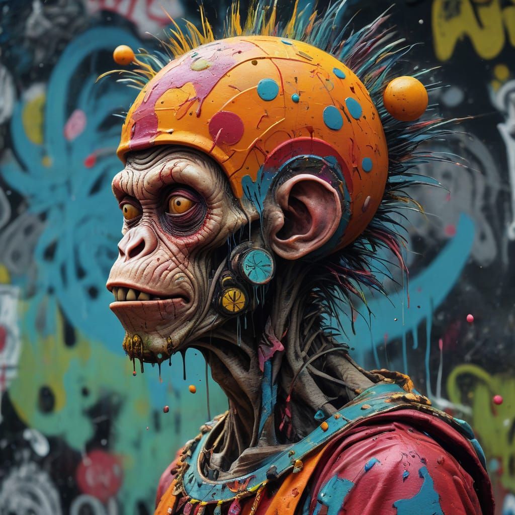 Cyberpunk Street Art Portrait of a Zombie Monkey Monster Clo...
